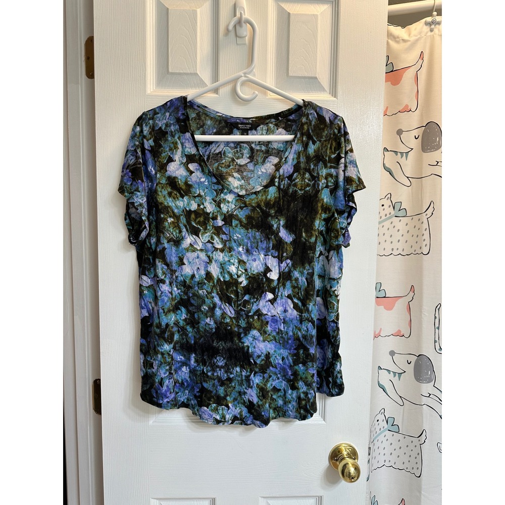 Simply Vera Vera Wang Womens 1X Blue Green Floral V-Neck Short Sleeve Rayon Top